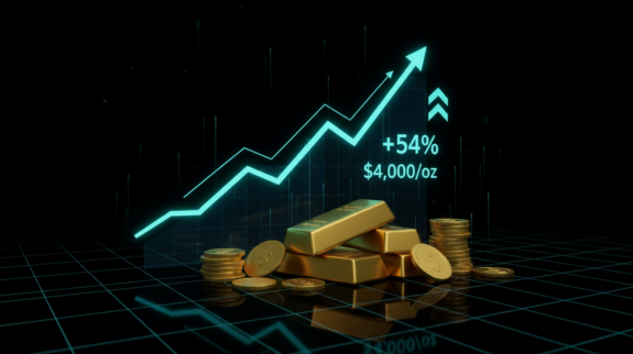 Gold price increase shown with gold bars, coins, and growth chart